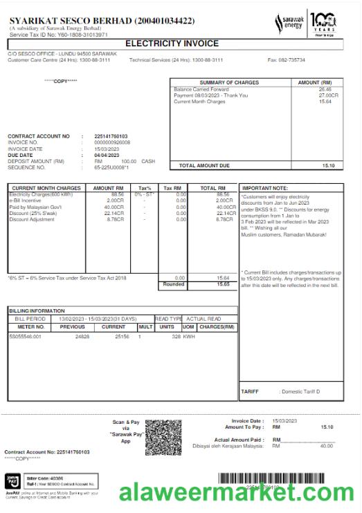 MALAYSIA SARAWAK ENERGY utility bill Wordd and PDF template